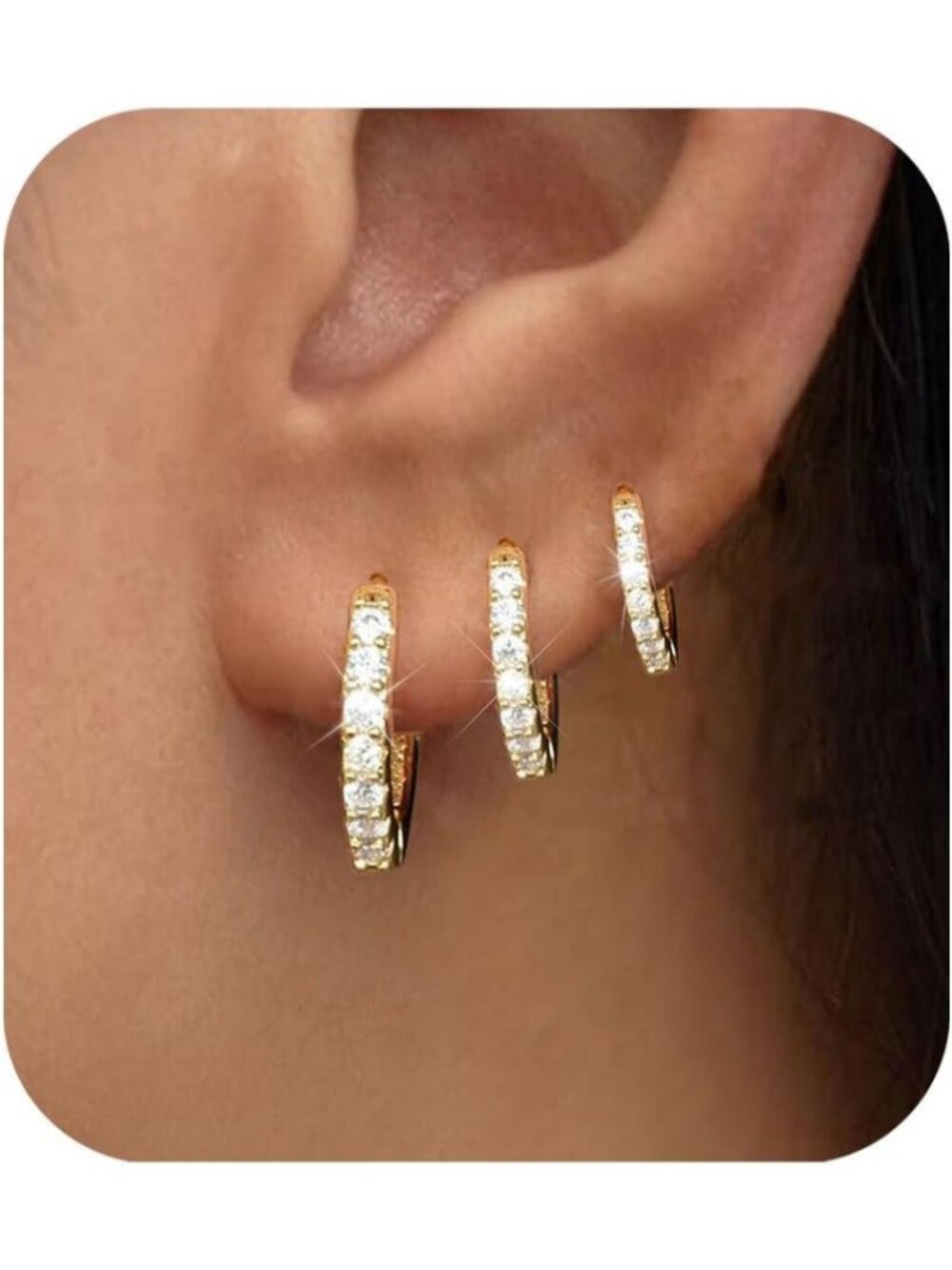 Women's 14K Gold Plated 3 Pairs Huggie Set CZ Small Hoop Earrings